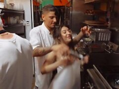 MOFOS - Horny Violet Gems Takes A Break From Work To Satisfy Every Man's Cock In The Kitchen